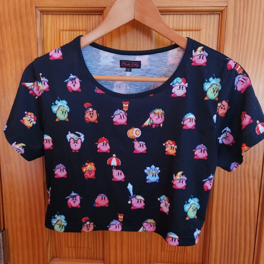 Nintendo Kirby Allover Print Black Crop Top Large
